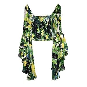 Live 4 Truth Crop Top M‎ Green Yellow Palm Print Smocked Angel Sleeve Resort